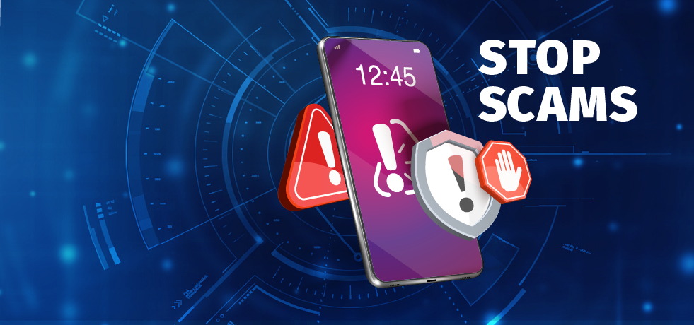 The words 'Stop Scams' next to warning icons and a cell phone.