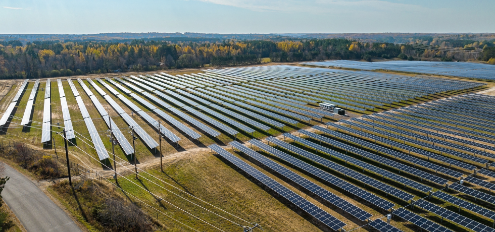 An aerial view of rows of solar panels next to a wooded area in fall.