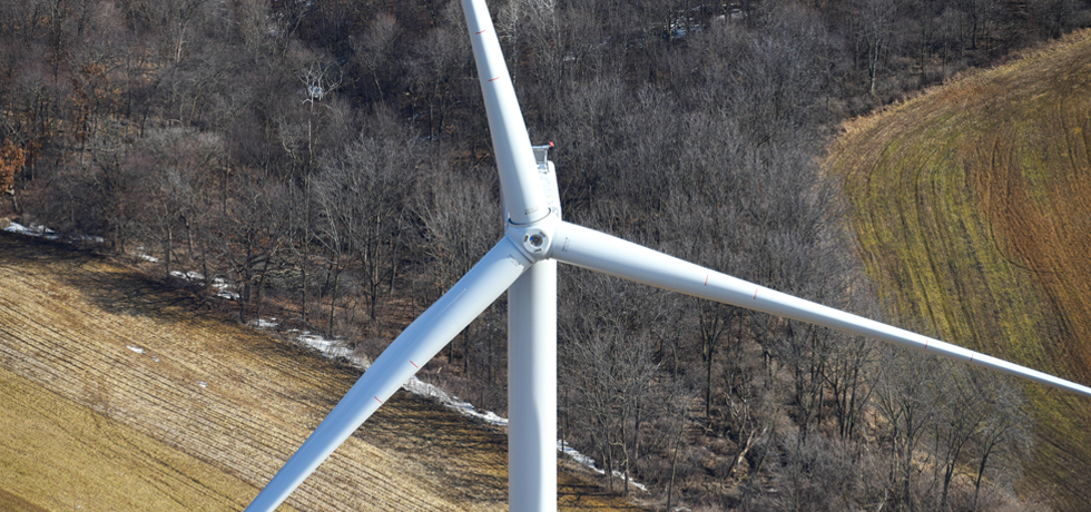 A close-up look at the hub of one of the Red Barn Wind Park's wind turbines.
