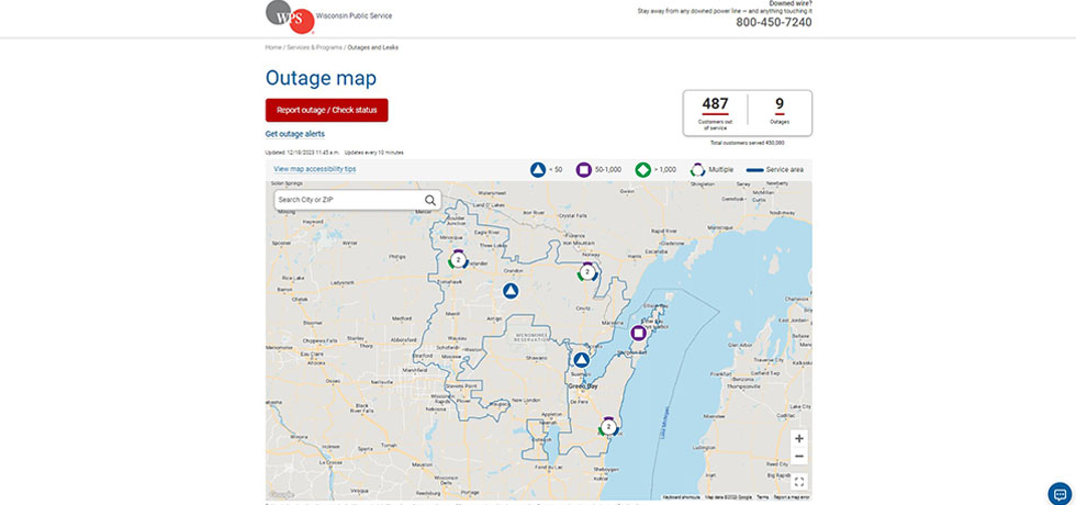 A large map showing customers affected by a power outage in the WPS service area.