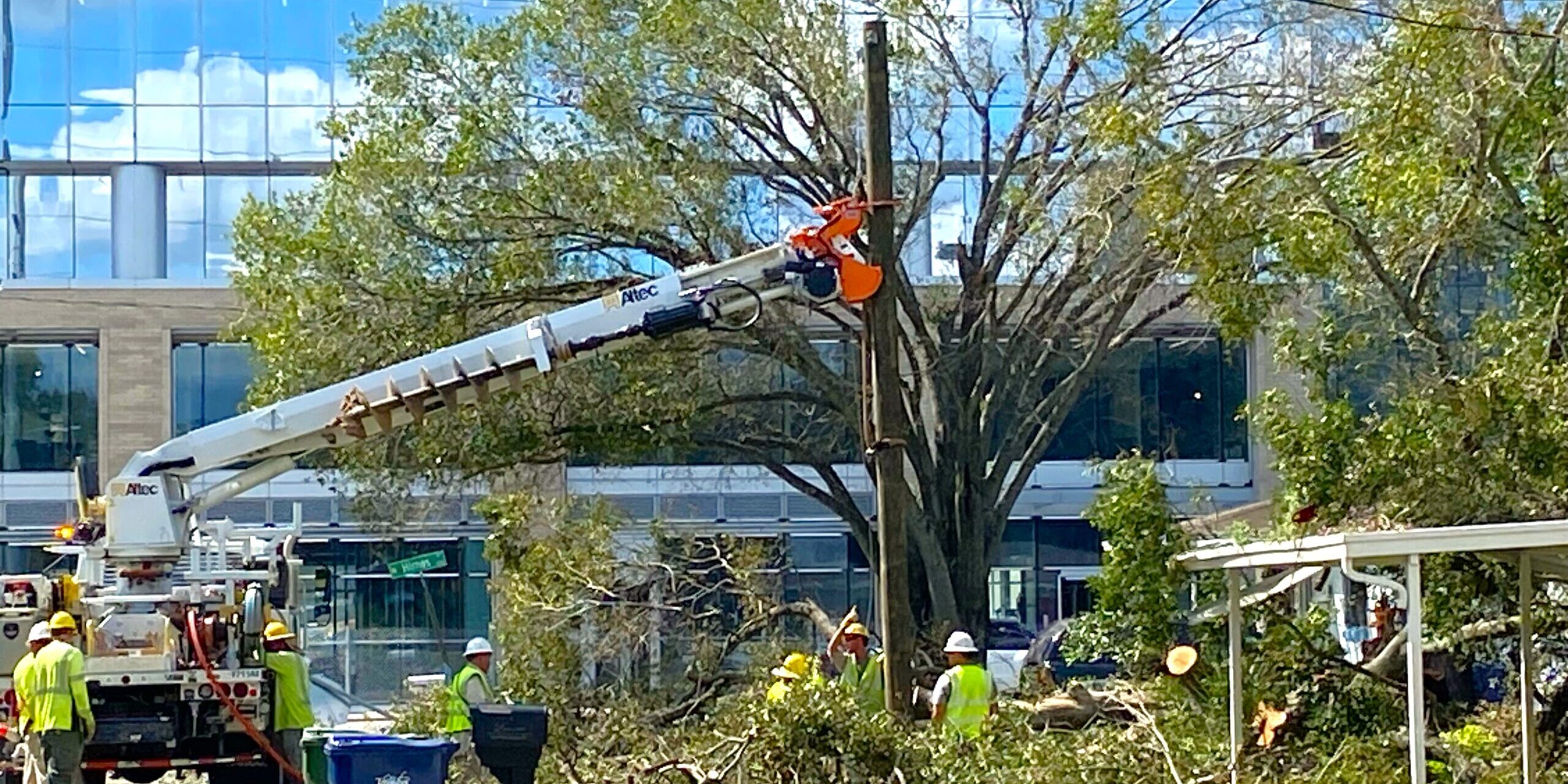 A group of WPS lineworkers installs a utility pole near numerous downed tree limbs.