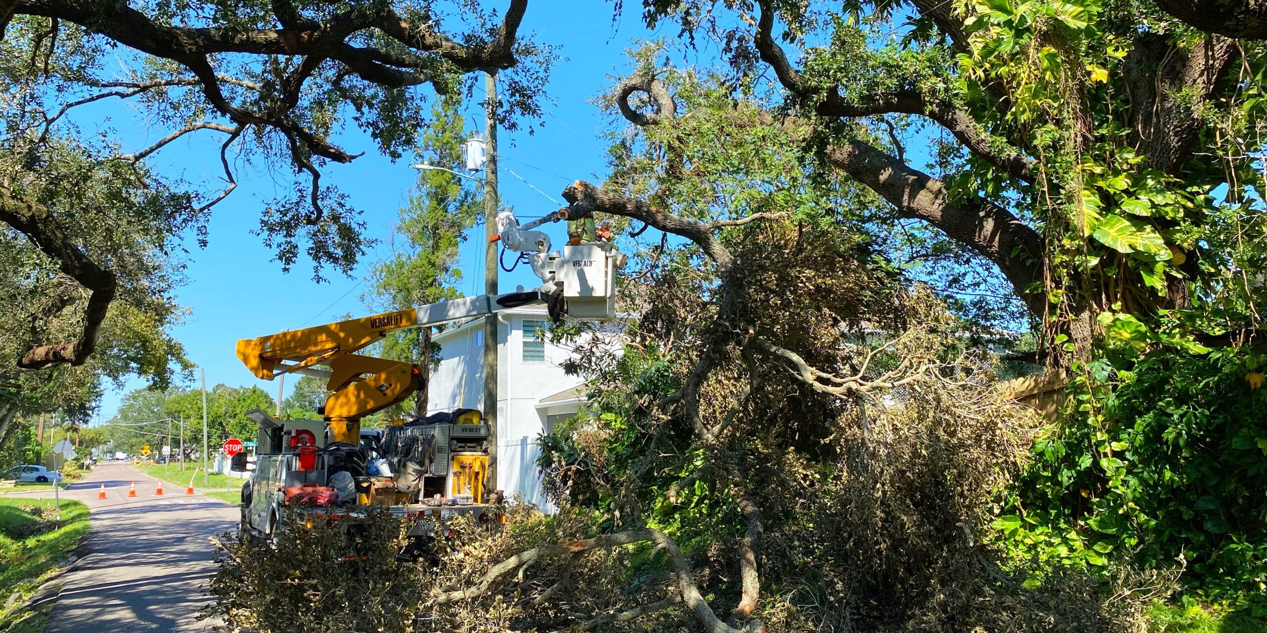 A WPS lineworker trims back a damaged tree along a narrow roadway.