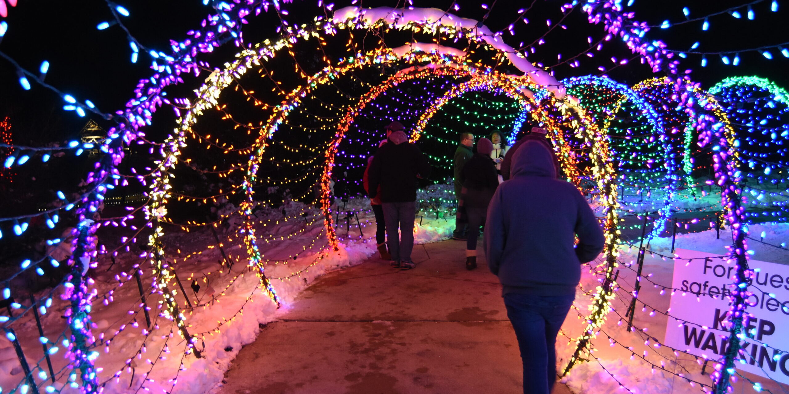 A group of adults walk through several arches covered in multicolored lights.