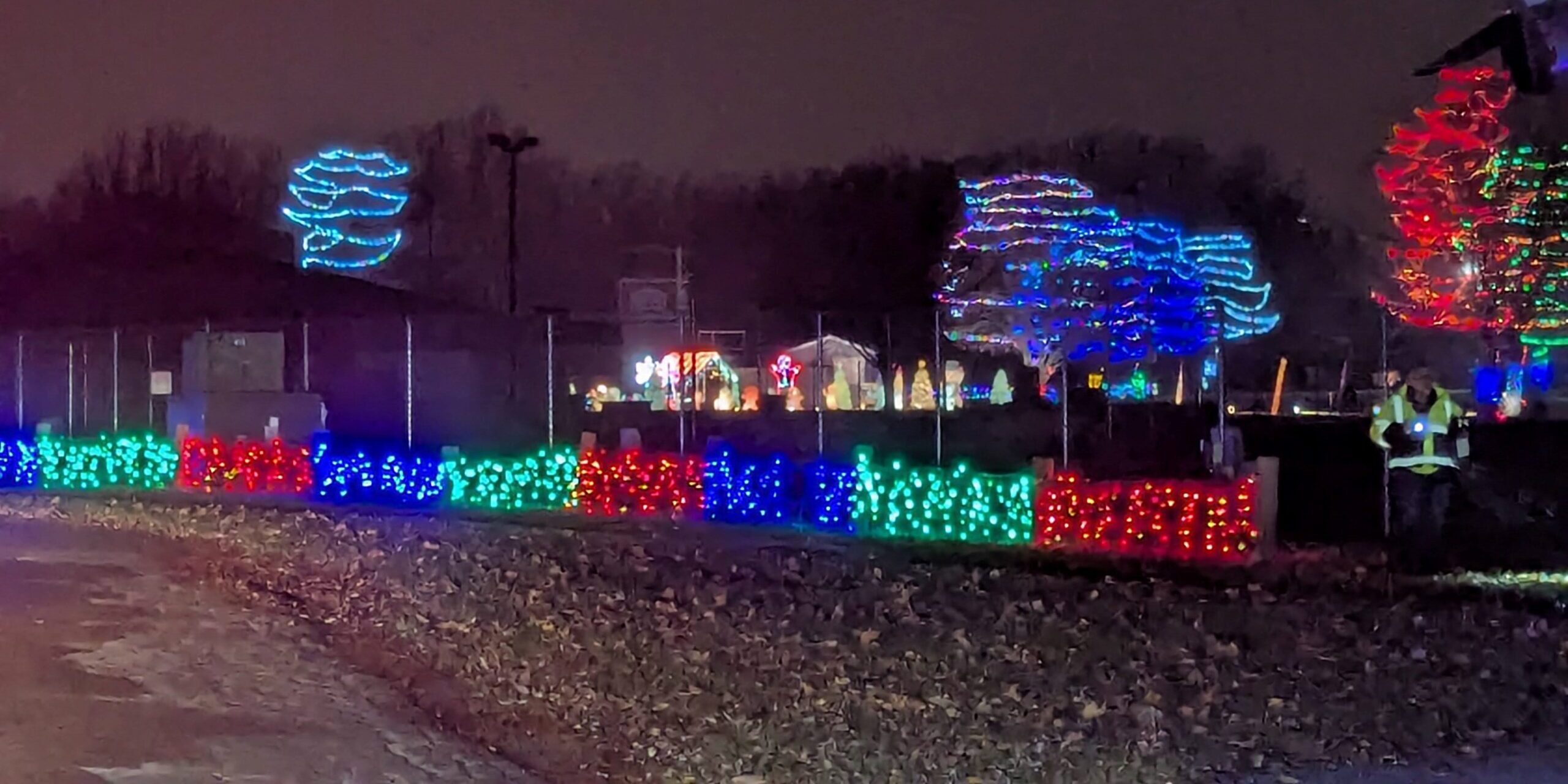 A multicolored holiday light display at night set up along the side of a road.