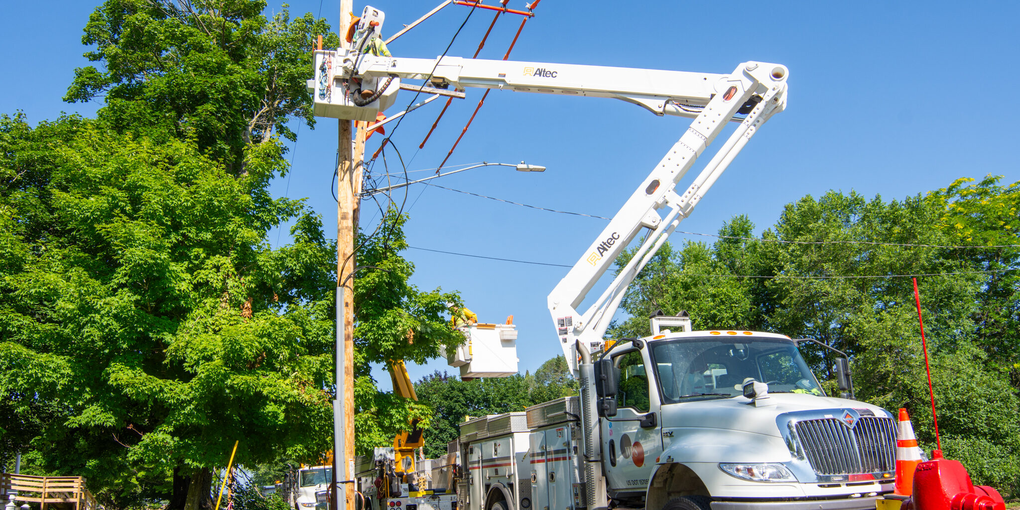 WPS crews work on a utility pole near several large trees in a residential neighborhood.