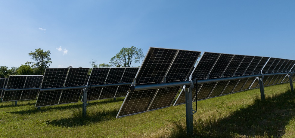 Rows of solar panels tilted up toward a blue sky.