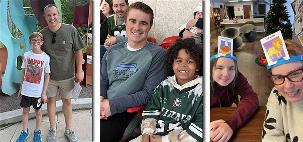 A collage showing adults and children smiling for pictures in a side-by-side collage.